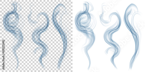Set of translucent light blue smoke on transparent and white background. Transparency only in vector format