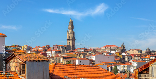 View of roofs of Porto and the Clerigos tower church.