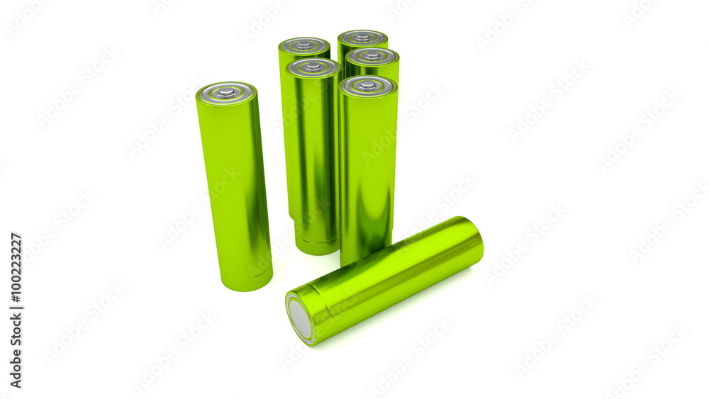Animated plain, yellow-green (Stripped from label - from text, logo, brand name and other information) AA batteries on white background. Full 360 Degree rotation (tracking) and loop.