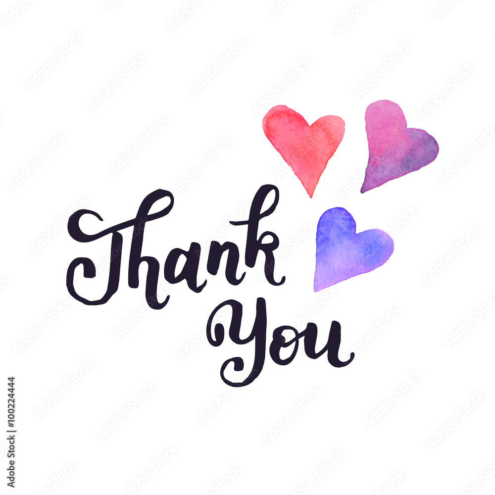 Thank you lettering with watercolor hearts on background. Modern black ink typography. Thank you colorful postcard calligraphy design. Thank you lettering with watercolor hearts on background. Modern black ink typography. Thank you colorful postcard calligraphy design.