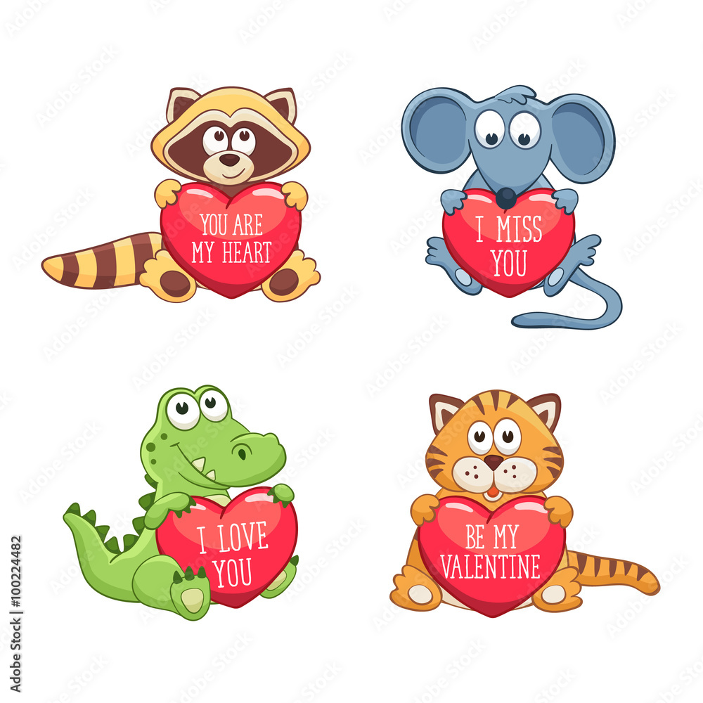 Cartoon animals with hearts. Valentine's day greeting card. I love you. I  miss you. Be my Valentine. You are my Heart. Stock Vector | Adobe Stock
