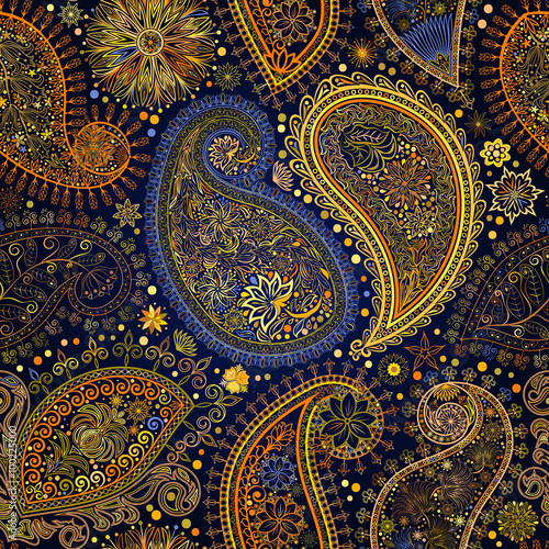 Vintage floral motif ethnic seamless background.