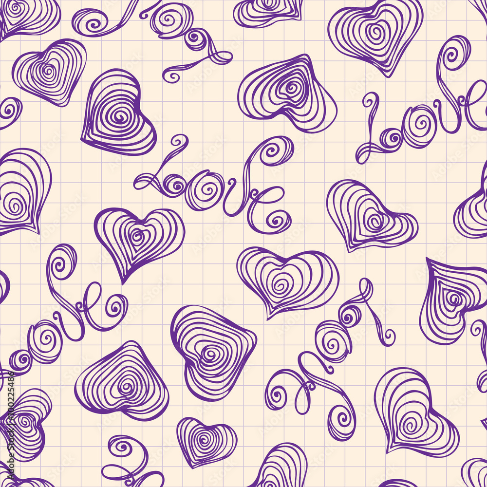 Seamless pattern of hand-drawn heart shape and the inscription love Seamless pattern of hand-drawn heart shape and the inscription love