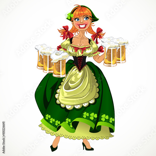 Pretty leprachaun girl in green with beer