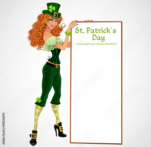 Pretty leprachaun girl with placard for text