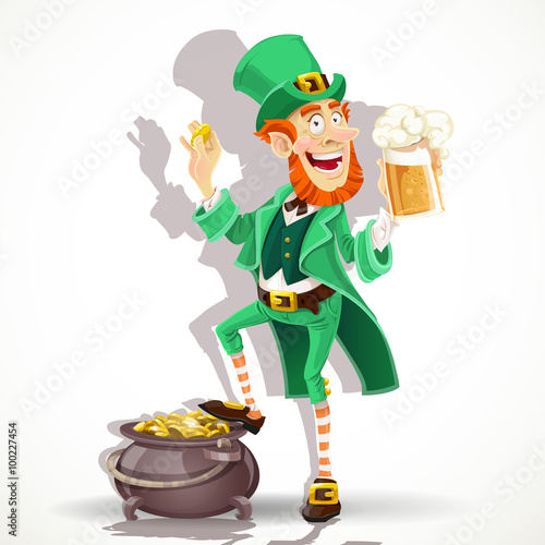 Cute Leprechaun drinking beer and protects pot of gold coins