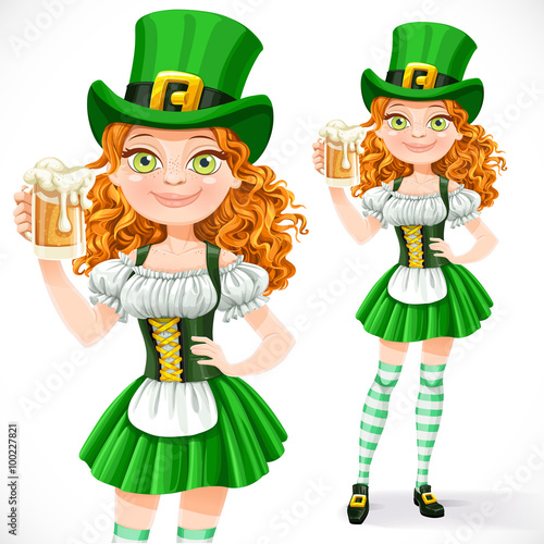 Beautiful girl leprechaun offers a beer  isolated on a white bac