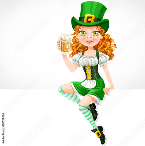 girl leprechaun sitting on the banner white and offers a beer
