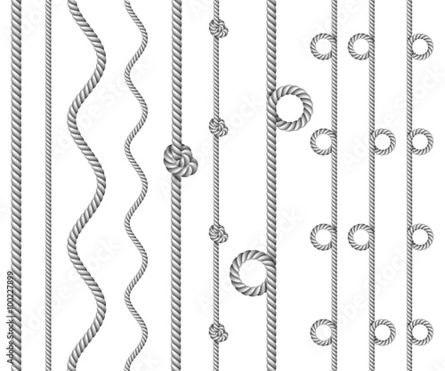 White twisted rope border set, isolated on white, vector illustration 