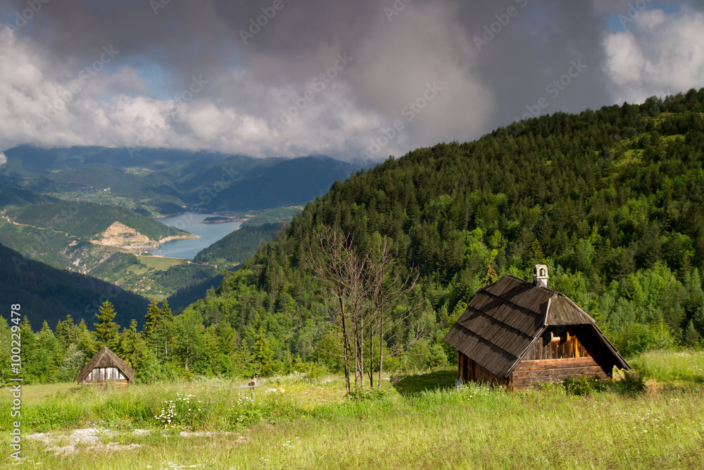 Traditional wooden house in Mokra Gora and Zaovinsko lake