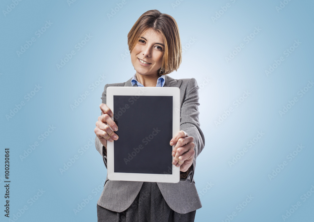 beautiful young business woman showing her tablet beautiful young business woman showing her tablet