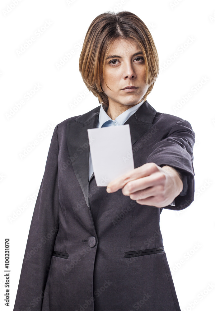 portrait of a business woman holding a white card portrait of a business woman holding a white card