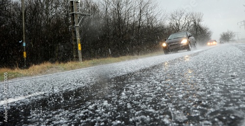 Hailstorm on the road in a summer day
 photo