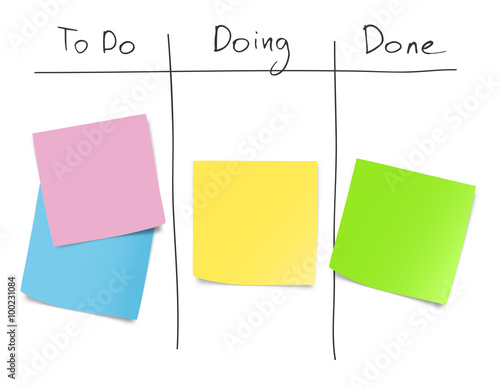 Set of blank paper notes on kanban whiteboard. Vector illustration