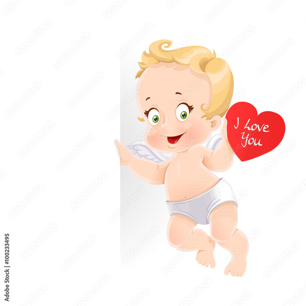 Cute cupid with valentine card holding a large vertical banner i Cute cupid with valentine card holding a large vertical banner i