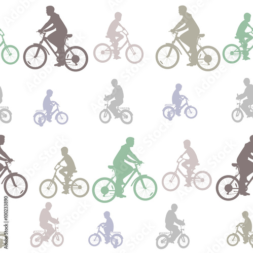 Decorative seamless pattern of silhouettes cyclists on bicycles