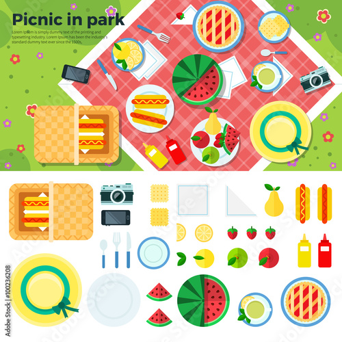 Summer Picnic in Park Banner and Icons