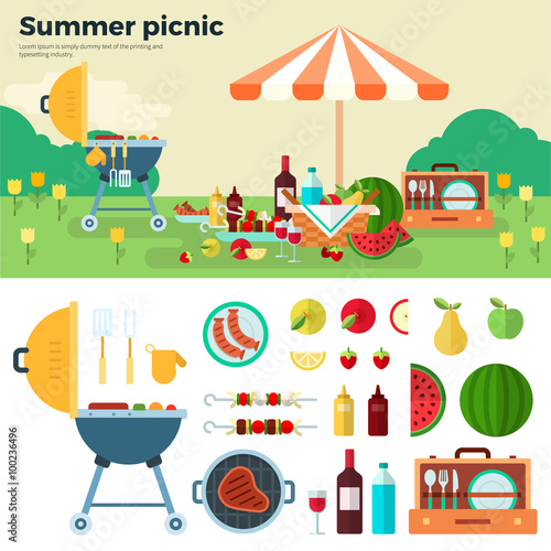 Summer Picnic on Meadow under Umbrella