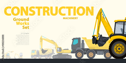 Yellow typography set of ground works machines vehicles - Excavator. Construction equipment for building. Truck, Digger, Crane, Bagger, Mix – master vector illustration – nice catalog page