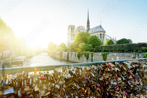 View of Notre Dame cathedral in Paris with famous locks of love