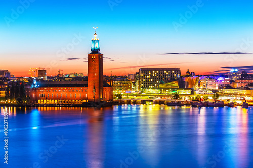 Evening scenery of the City Hall in Stockholm, Sweden