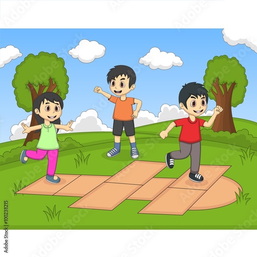 Children playing hopscotch at the park cartoon