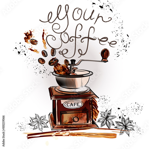 Coffee background with watercolor spots coffee mill fried beans