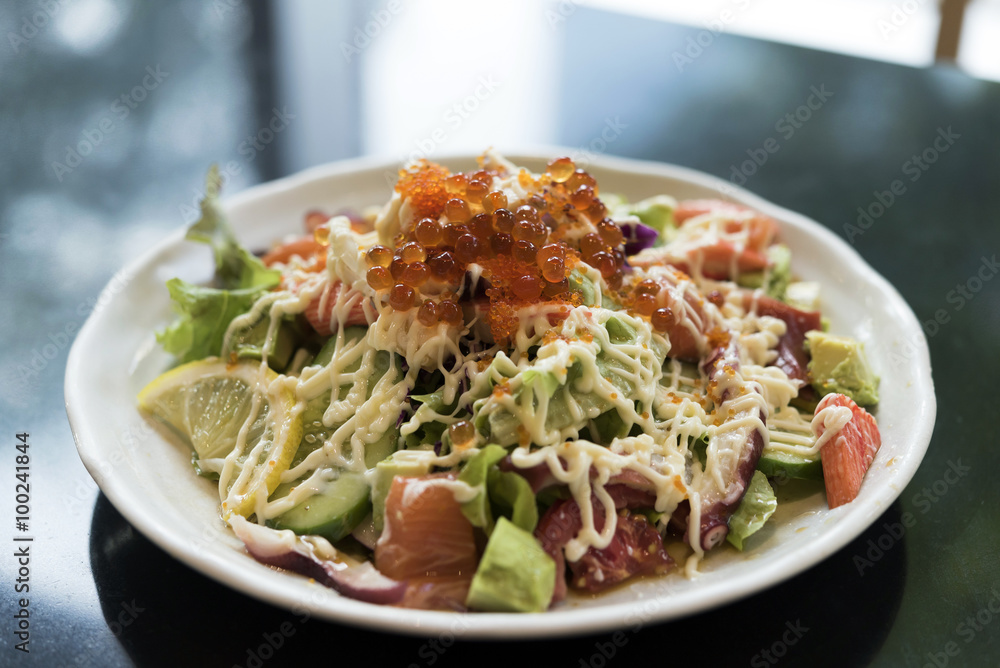 Salmon egg salad on plate Salmon egg salad on plate