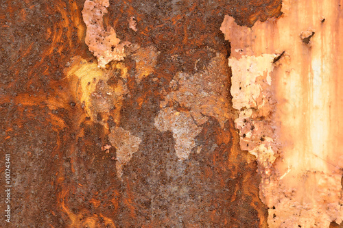 Metal rust wall texture surface with world map