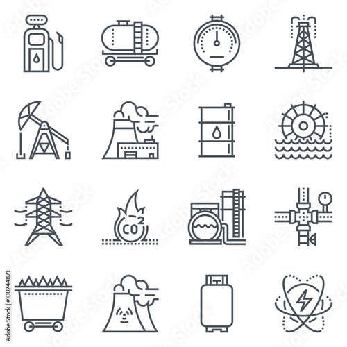 Energy industry icon set suitable for info graphics, websites and print media. Black and white flat line icons.