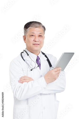 old asian man doctor in white with digital tablet