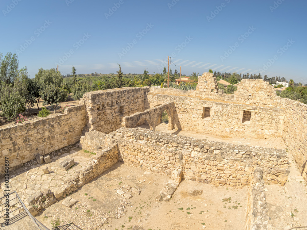 Medieval Limassol Castle ruins fisheye top view. Cyprus.
