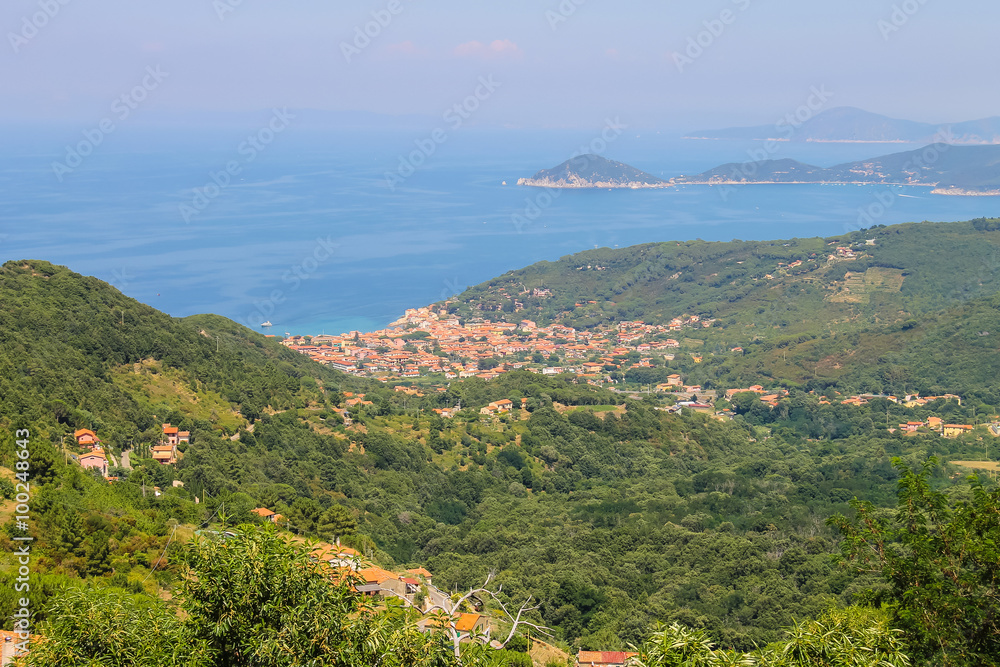 Coast of Tyrrhenian Sea on Elba Island, Italy. Panorama of Marci