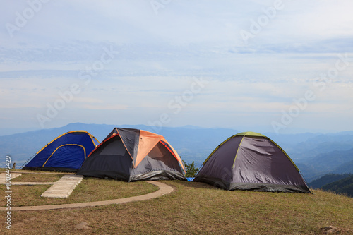 camping tent site on top of mountain field