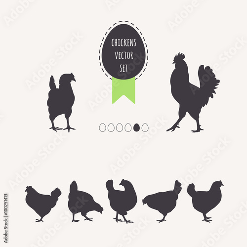 Set of chickens. Silhouettes of laying hens, rooster. Frame egg with green ribbon.
