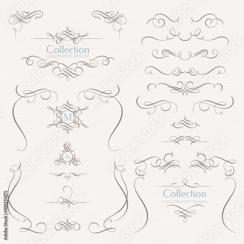 Collection of calligraphic elements. Decorative monograms and  borders. Classic design elements for wedding invitations.