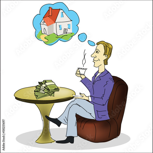 businessman dreams of buying a home, sitting at a table, on the table there is money, drinking tea, vector