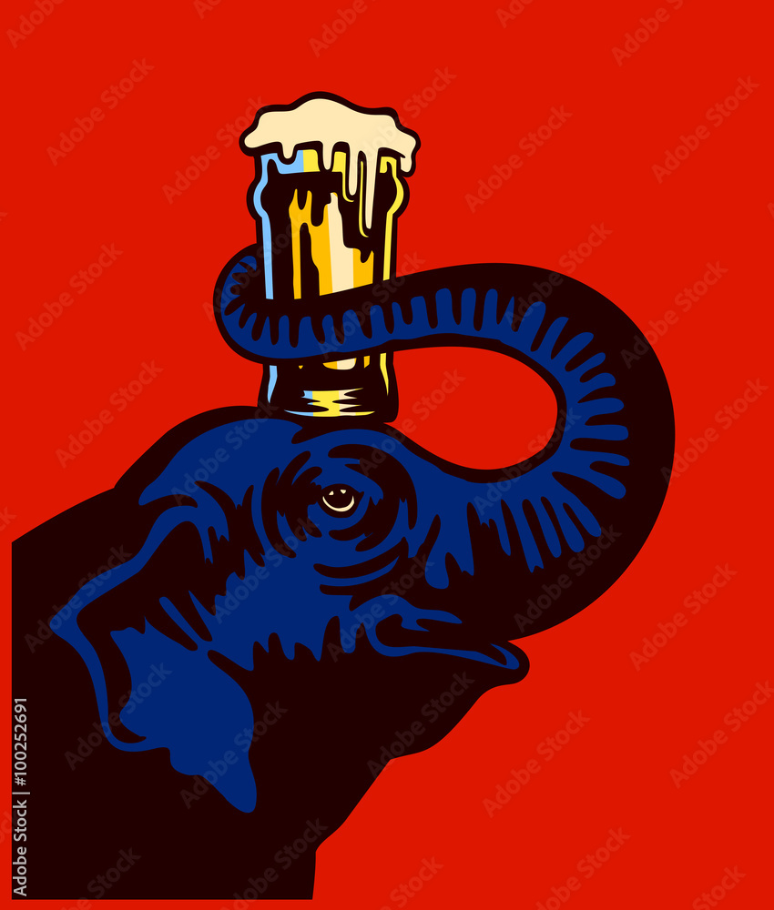 Naklejka premium Cartoon elephant holding beer glass pint on head with trunk vector illustration