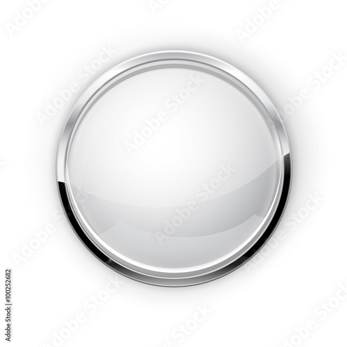 White Button with chrome elements. Glass button with shadow. 