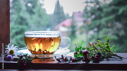 .Hot tea on a windowsill. Video.