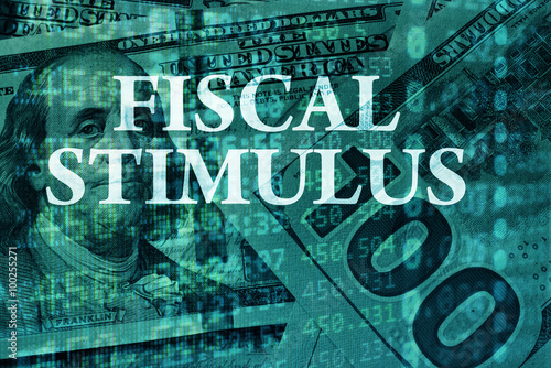 Words Fiscal stimulus with the financial data on the background. 