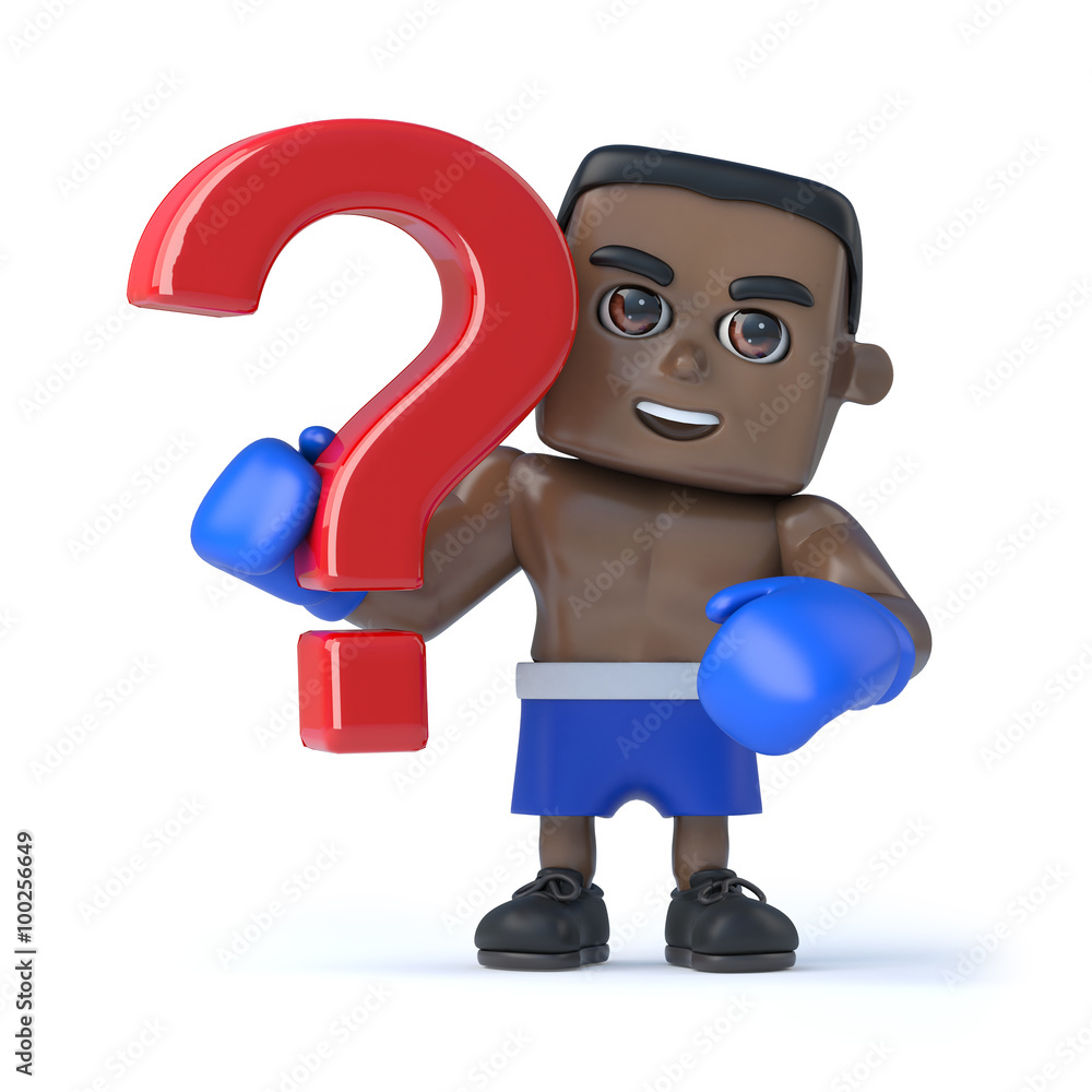 3d Black boxer holds a question mark symbol 3d Black boxer holds a question mark symbol