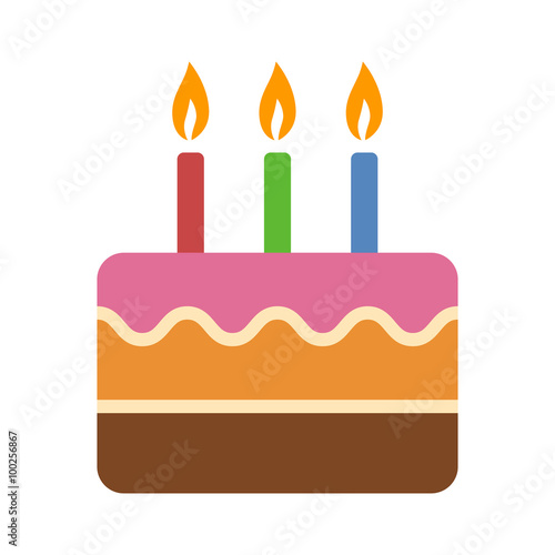 Layered colorful birthday cake with candles flat icon for food apps and websites