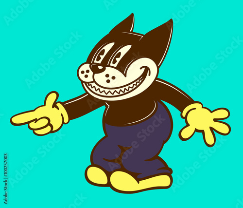 Vintage toons: retro cartoon cat character smiling and pointing finger, classic toon style