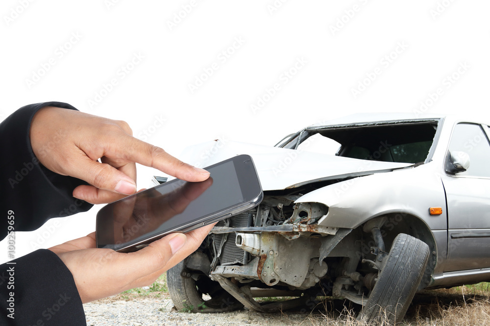 woman hand using phone after accident, insurance concept woman hand using phone after accident, insurance concept