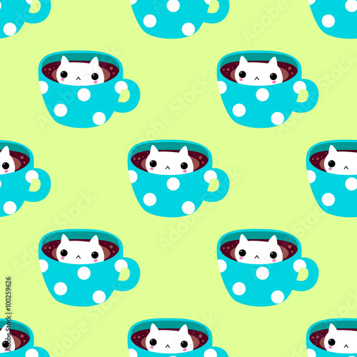 Funny pattern with cup of coffee and marshmallows-kitten.