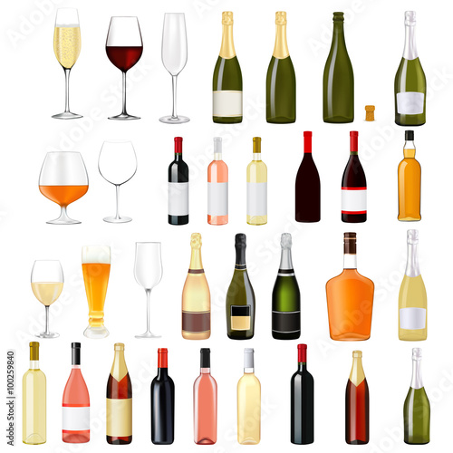 Alcohol drinks in bottles and glasses: whiskey, cognac, brandy,