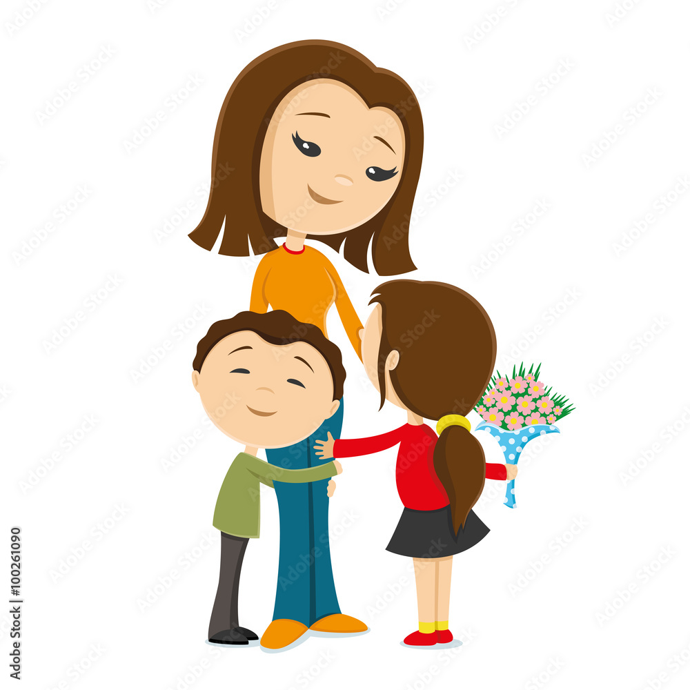 Children give beloved mother a bouquet of flowers.