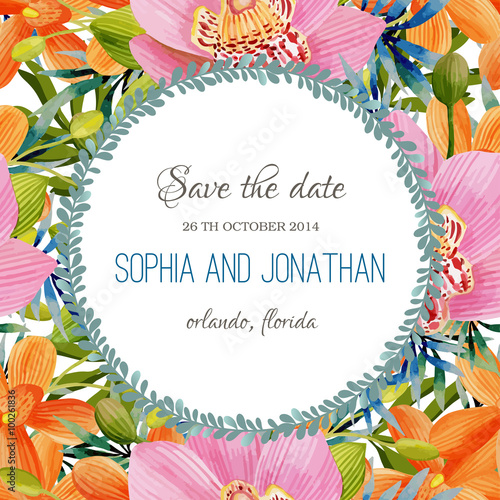 Wedding invitation watercolor with flowers.