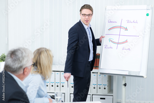 junger geschäftsmann hält einen vortrag vor der gruppe photo